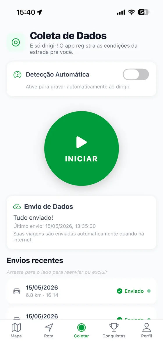 Tela do app Bonavia: botão Iniciar para começar a coleta de dados