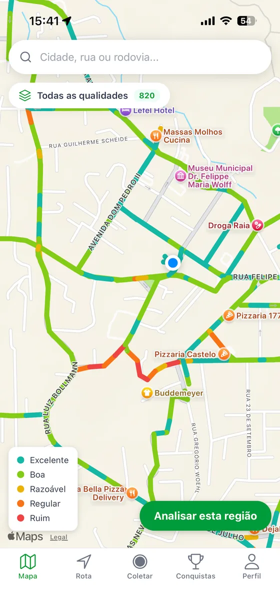 App Bonavia: mapa com as ruas coloridas pela nota de qualidade