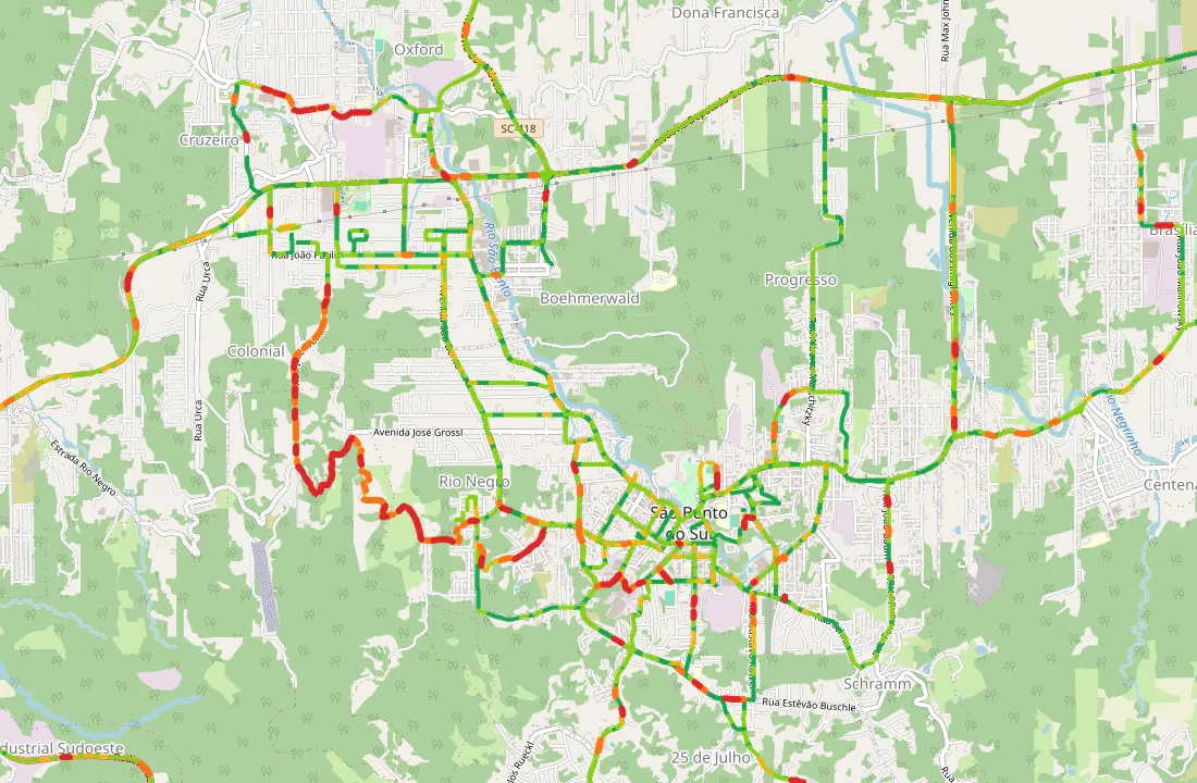 Mapa de São Bento do Sul com cada rua colorida pela nota de qualidade — de vermelho (péssimo) a verde (excelente)